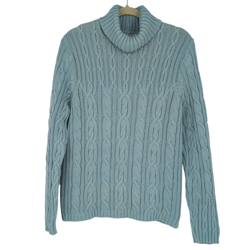 Wainscott Women XL Cable Knit Turtleneck Sweater Light Blue 100% Cotton RN 58877